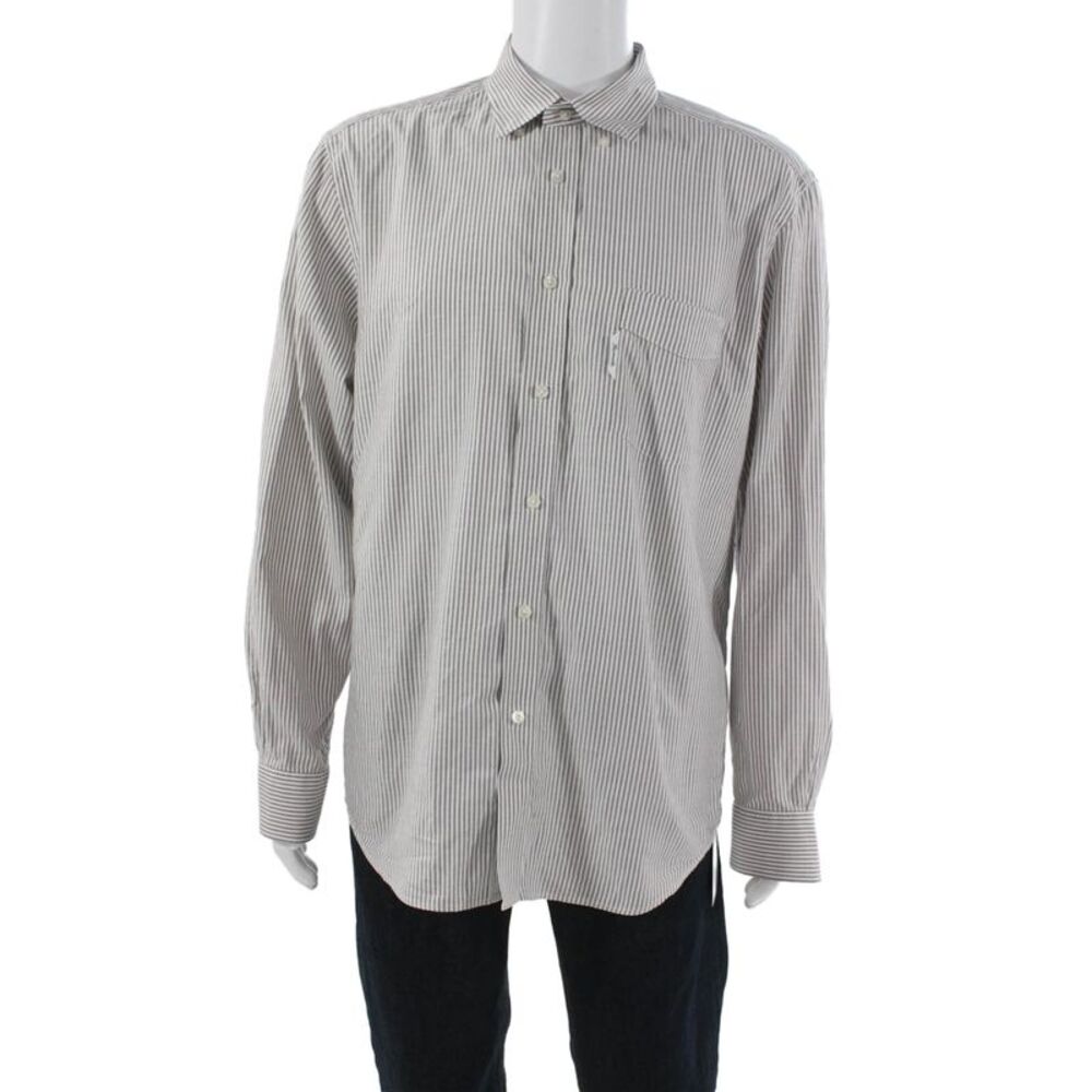 Faconnable Mens Striped Club Button Down Shirt White Brown Cotton Size Large